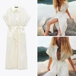 Zara white oyster shirt long midi linen belted dress